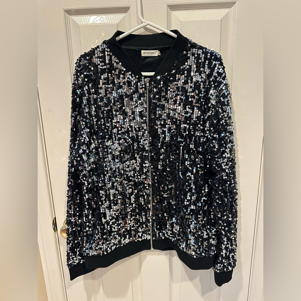 Anna-Kaci Black Sequin Bomber Jacket